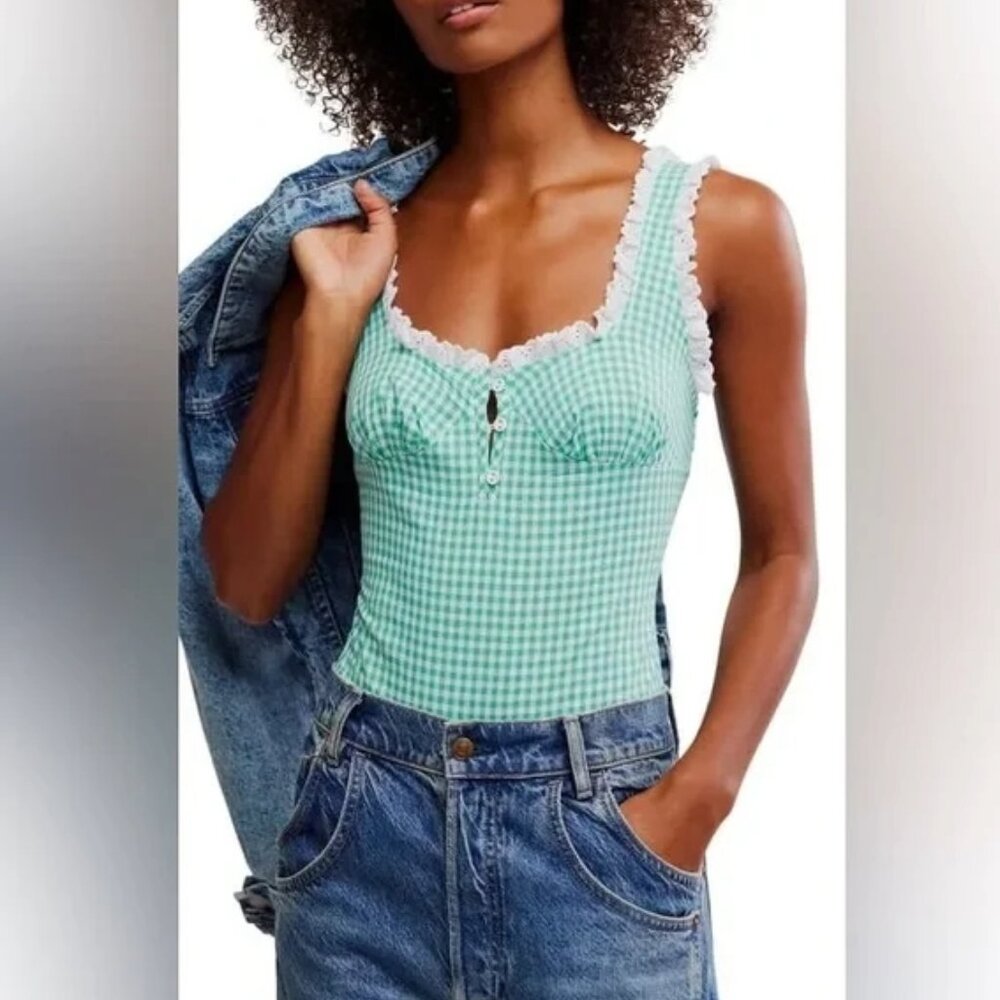 Free People women L cassie gingham lace bodysuit faminie cottage core sleeveless - Picture 2 of 6
